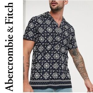 ABERCROMBIE & FITCH Navy White Bandana Short Sleeve Button Down Shirt A&F Men S